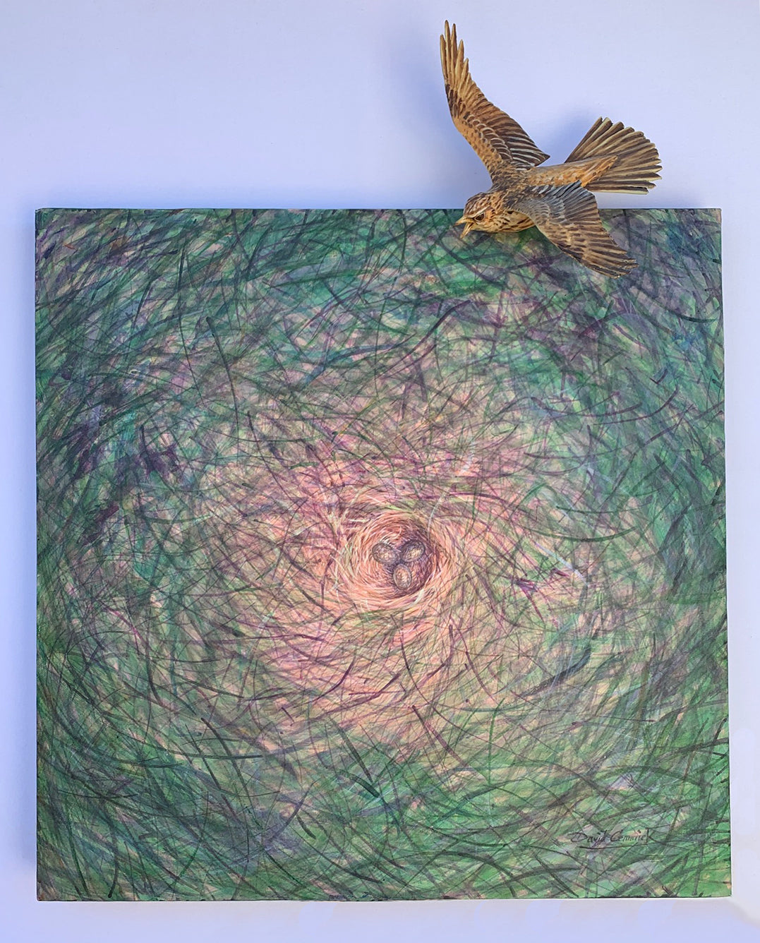 'The lark in the morning’ - Acrylic on canvas with skylark sculpture by David Cemmick - 60 x 60cm