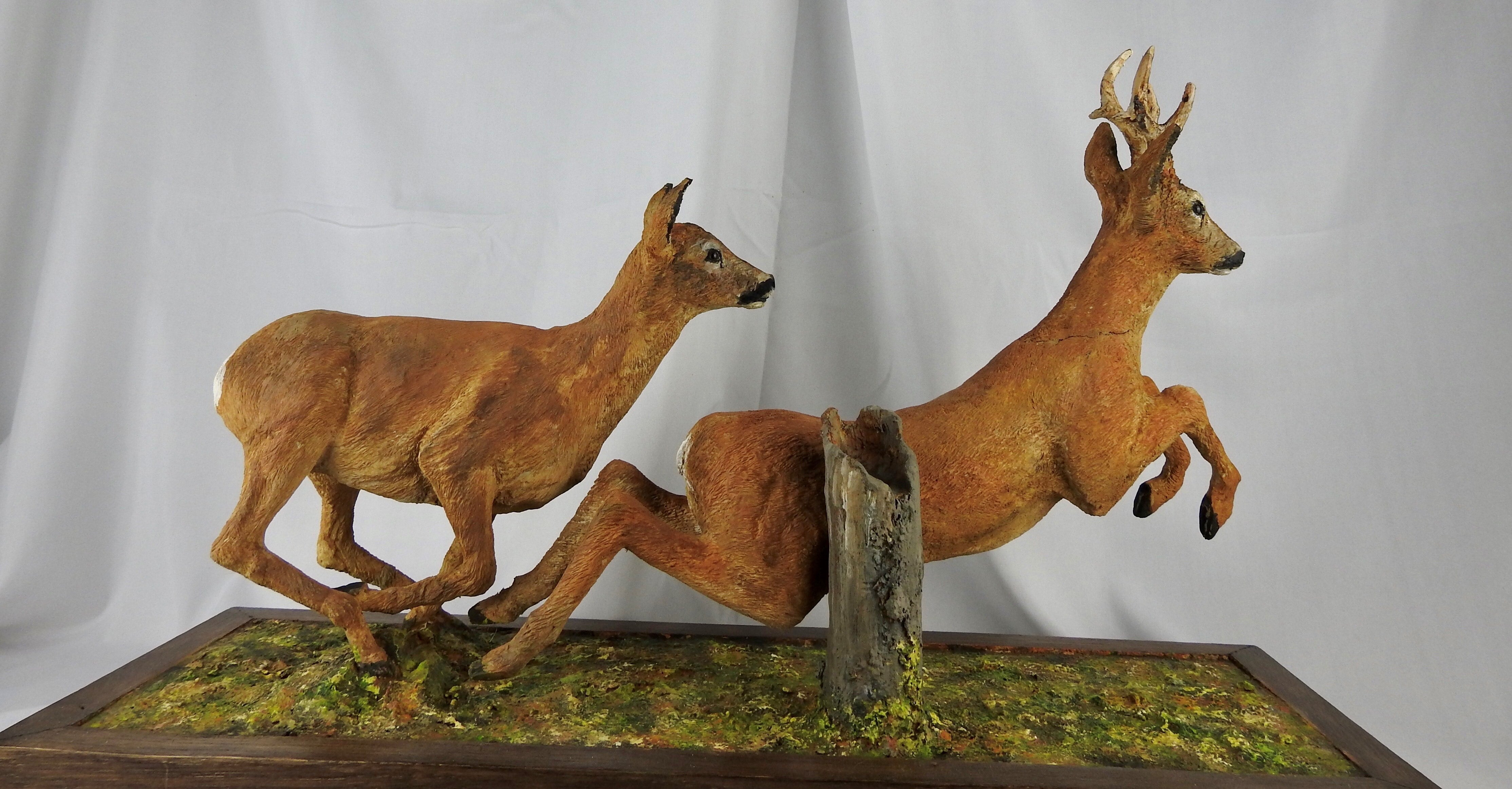 'Running Roe Deer Buck & Doe' Wooden Sculpture by Martyn Bednarczuk