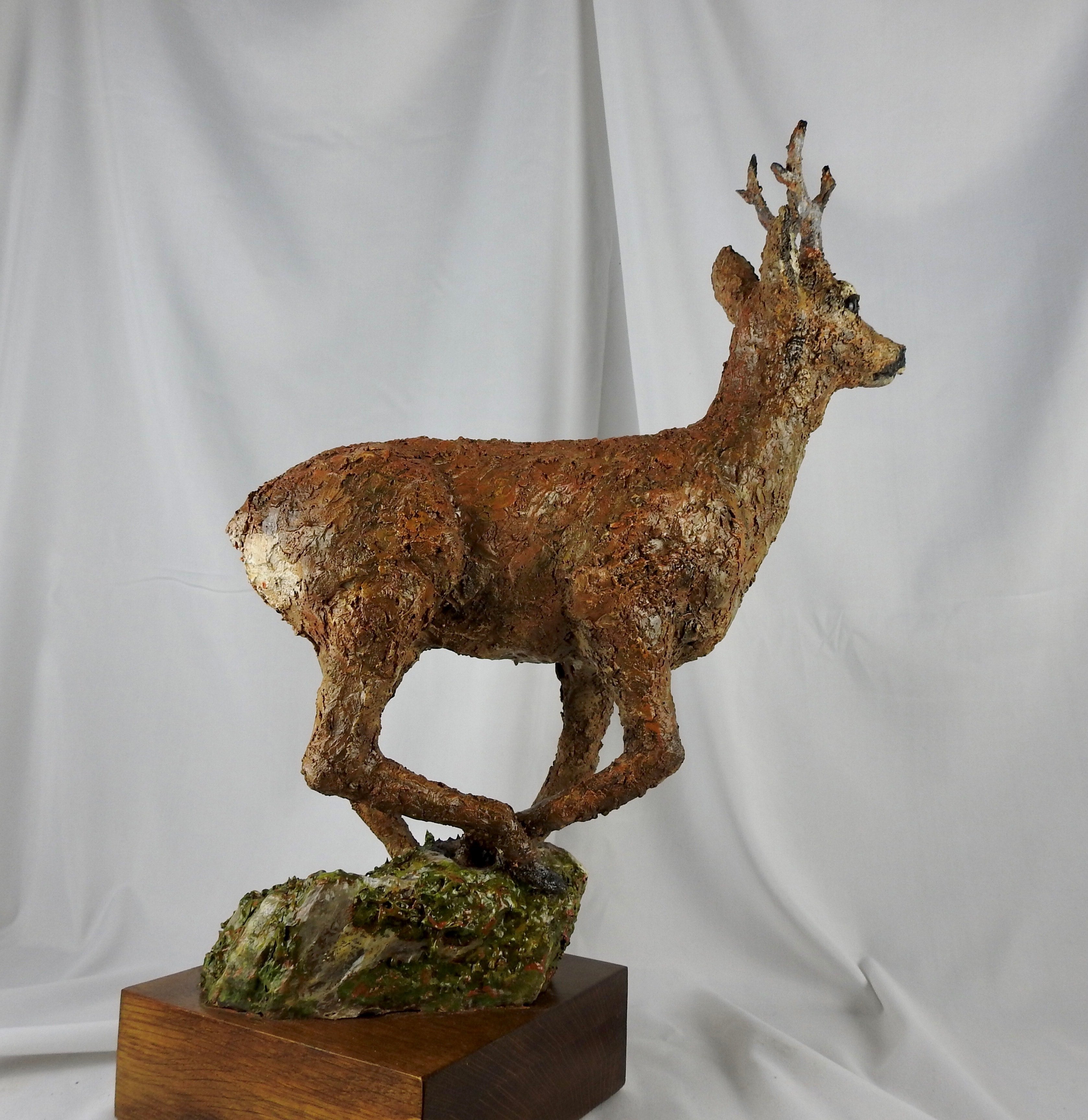 'Running Roe Deer' Wooden Sculpture by Martyn Bednarczuk