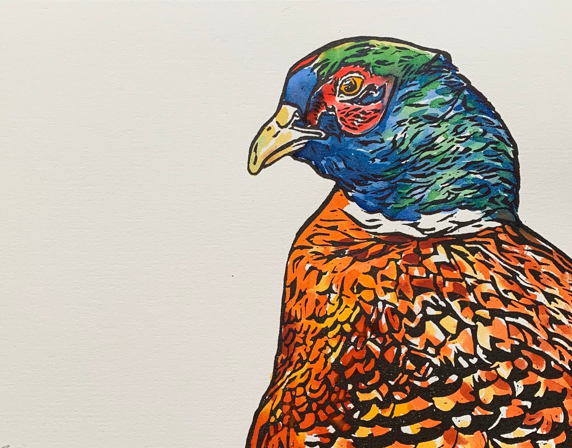 'Pheasant' - Original Hand Printed, Hand Coloured Linocut by Sarah Cemmick