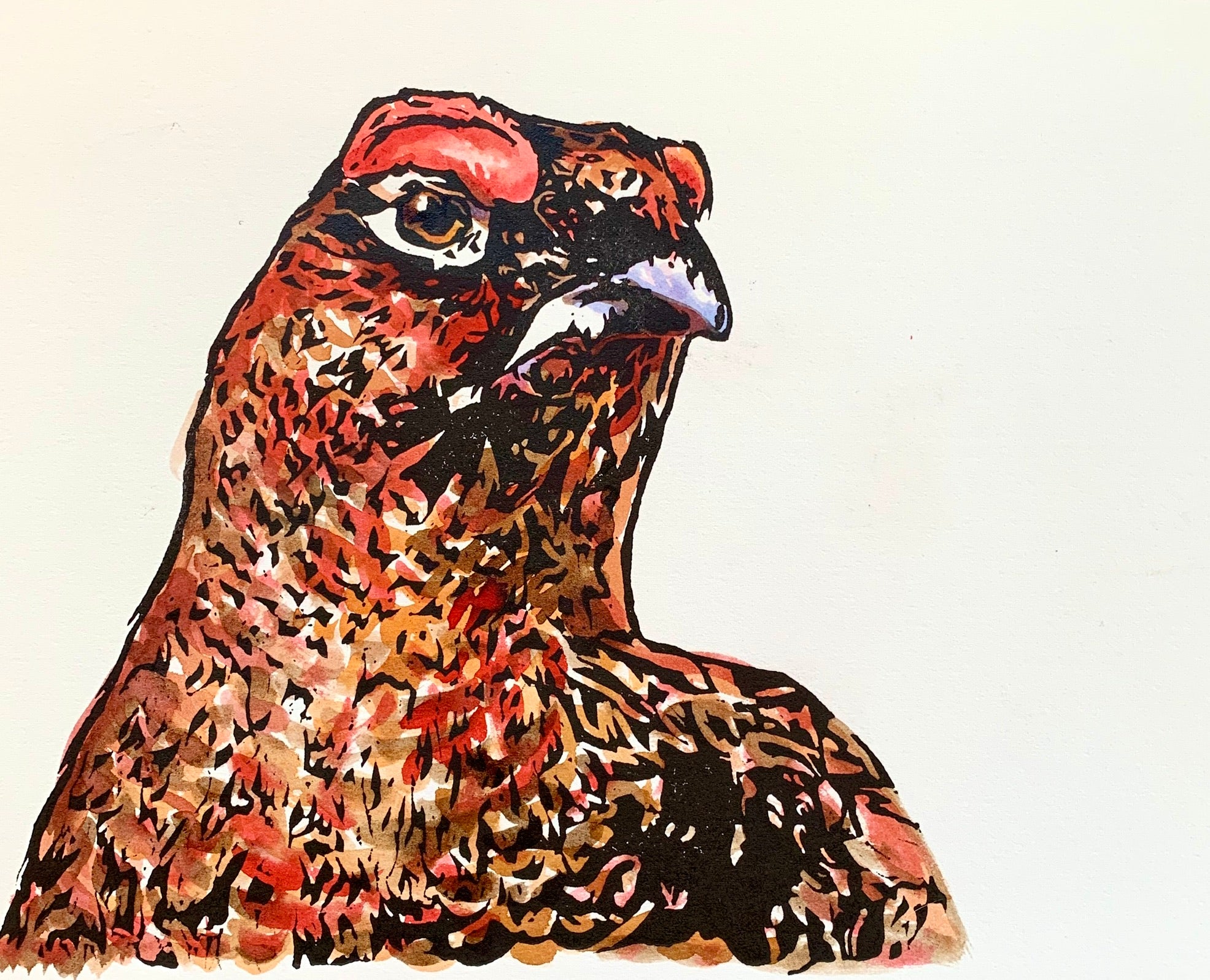 'Grouse' - Original Hand Printed, Hand Coloured Linocut by Sarah Cemmick