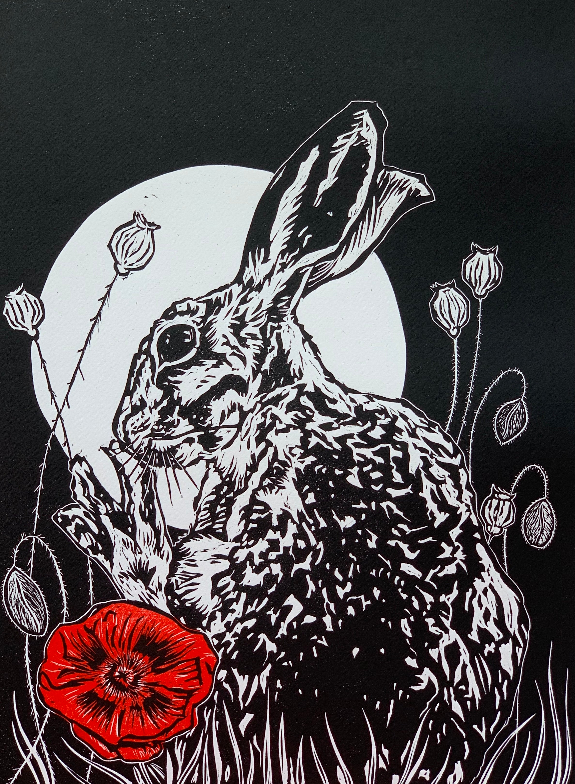 'Poppy Fields' - Original Hand Printed, Hand Coloured Linocut by Sarah Cemmick