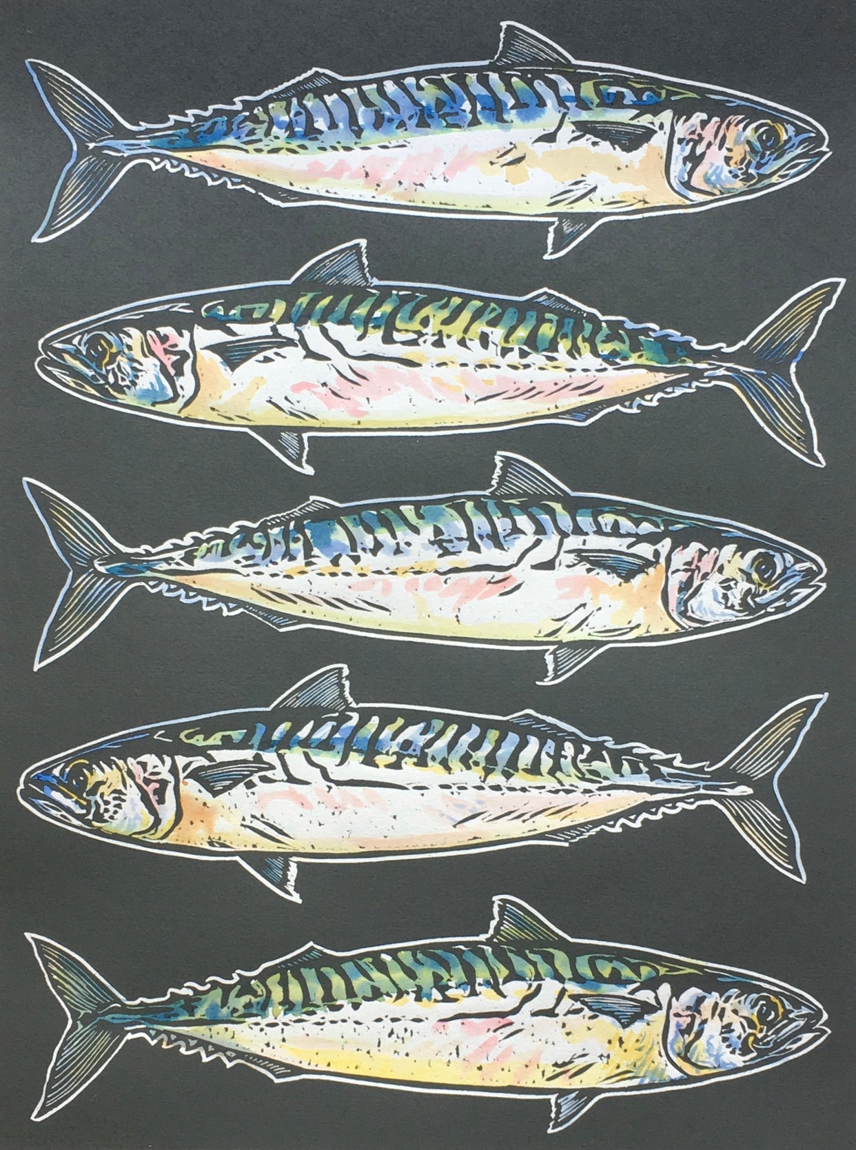 'Mackerel' - Original Hand Printed, Hand Coloured Linocut by Sarah Cemmick