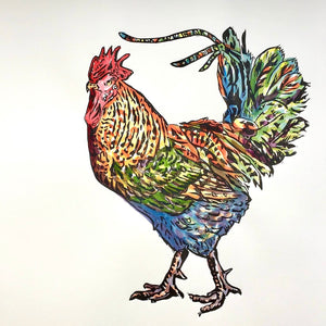 'Mr Cockerel' - Original Hand Printed, Hand Coloured Linocut by Sarah Cemmick