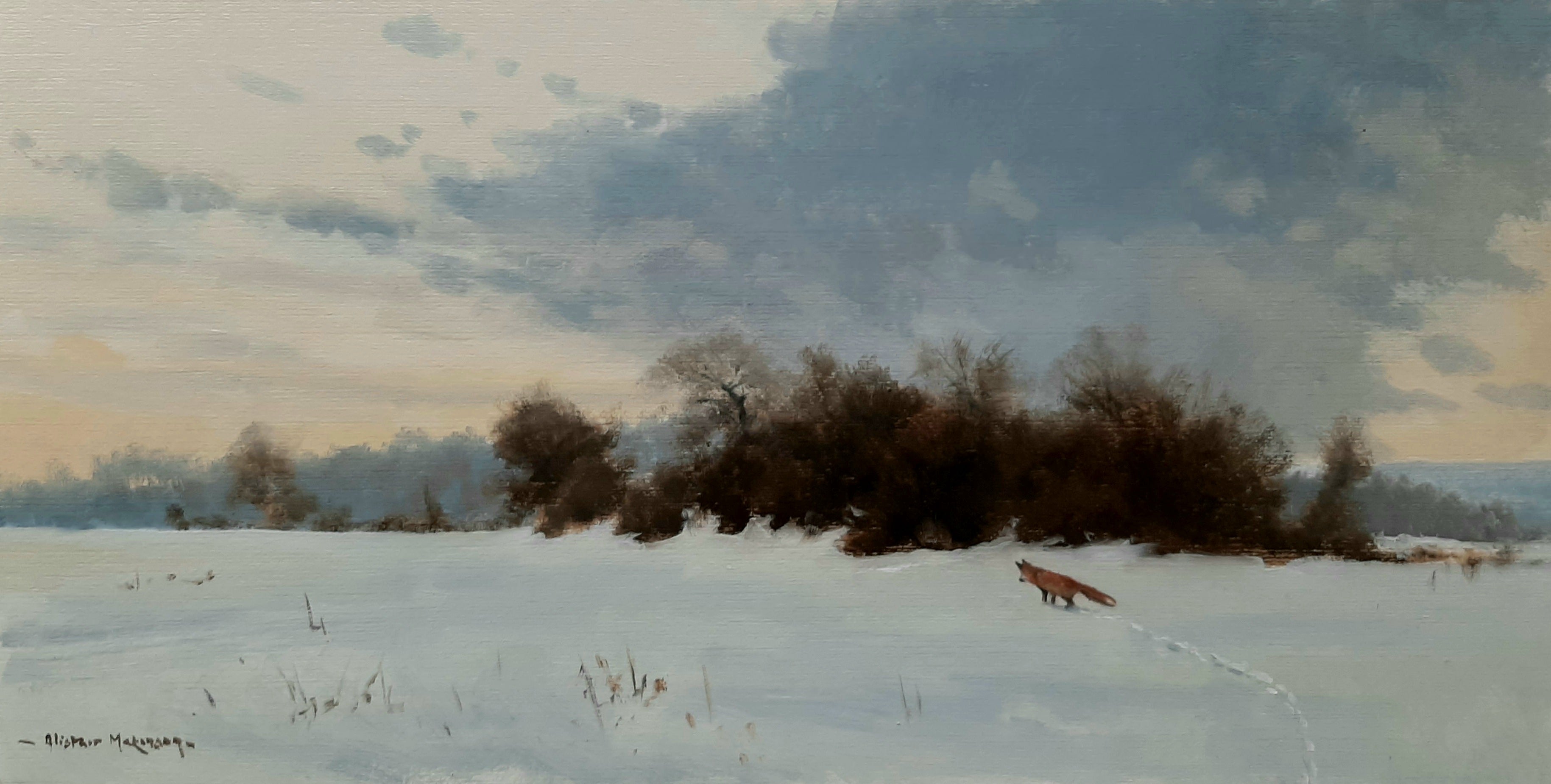'Fox in Snow' - Original Oil Painting by Alistair Makinson - 15 x 30cm