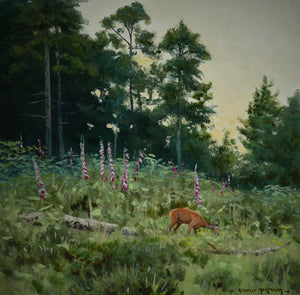 'Roe and Foxgloves' - Original Oil Painting by Alistair Makinson - 20 x 20cm