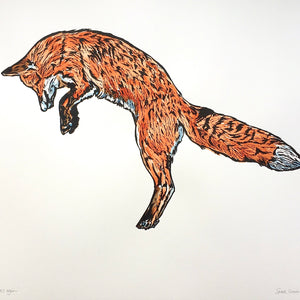 'My Fox Strikes Again' - Original Hand Printed, Hand Coloured Linocut by Sarah Cemmick