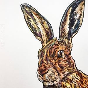 'Here hare, here' - Original Hand Printed, Hand Coloured Linocut by Sarah Cemmick