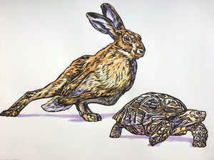 'The Hare & The Tortoise' - Original Hand Printed, Hand Coloured Linocut by Sarah Cemmick