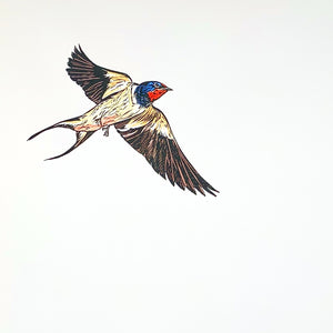 'One Swallow does not a Summer make' - Original Hand Printed, Hand Coloured Linocut by Sarah Cemmick