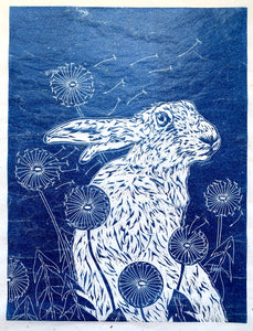 'What’s the time Mr Hare' - Original Linocut on Japanese tissue by Sarah Cemmick